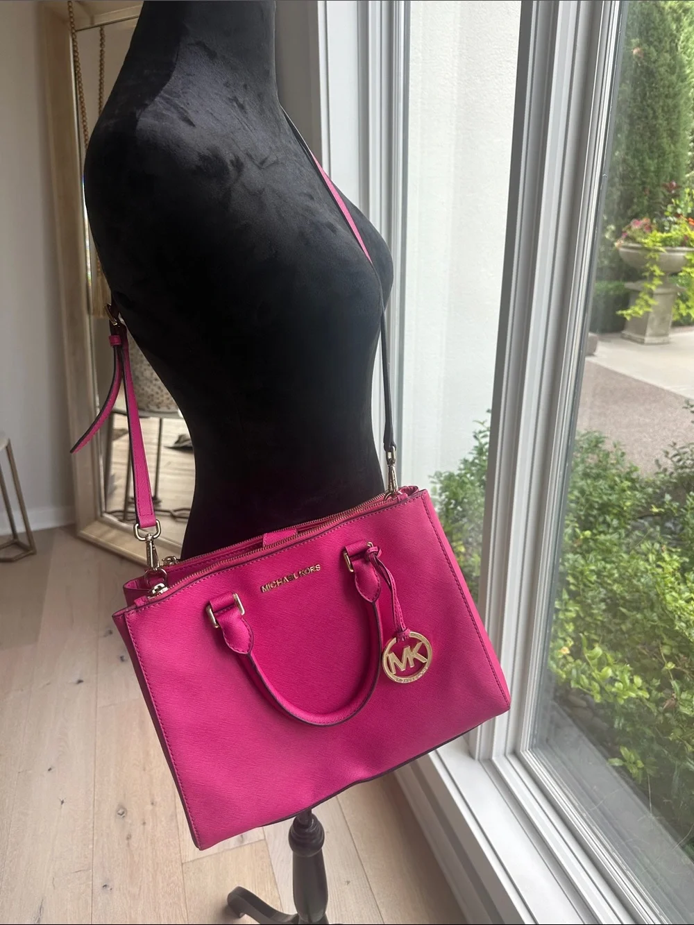 Michael Kors Hot Pink Saffiano Leather Satchel with Logo Charm